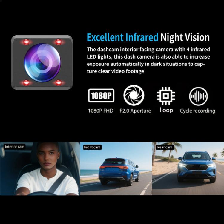 3.16-inch HD 1080P Infrared Night Vision Car DVR,Front + Interior + Rear + Wi-Fi Connectivity
