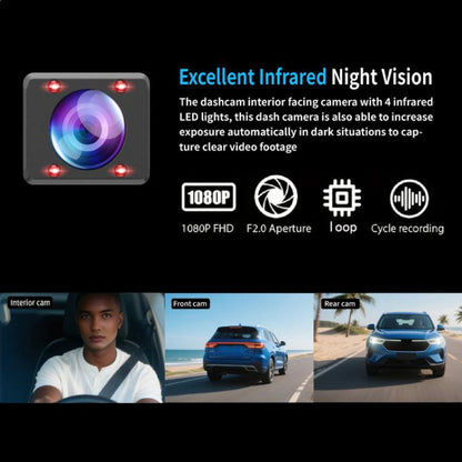 3.16-inch HD 1080P Infrared Night Vision Car DVR,Front + Interior + Rear + Wi-Fi Connectivity