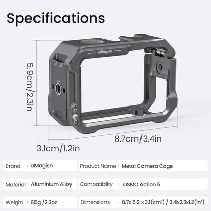 For DJI OSMO Action 6 aMagisn Metal Cage Quick Release Protective Frame with Silicone Lens Cap, Action 6 Metal Cage